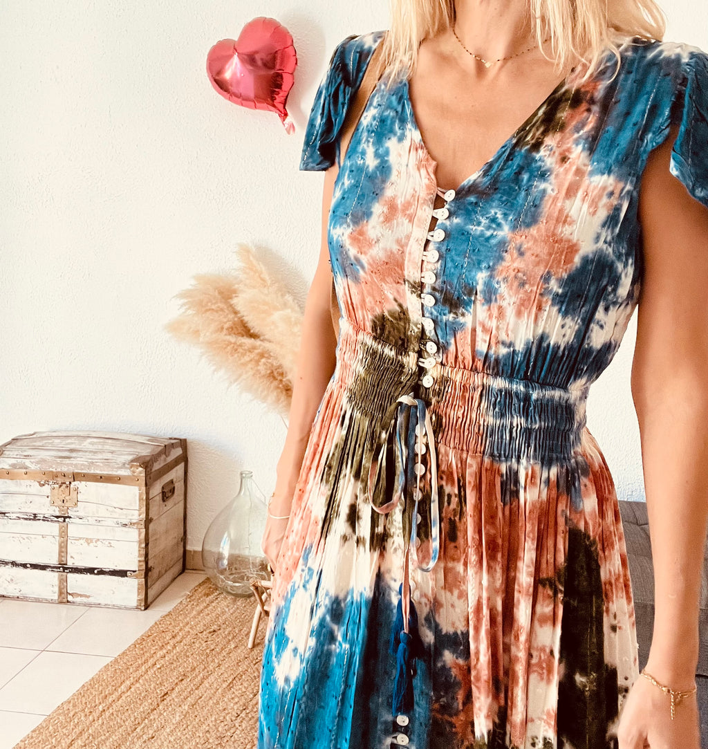 Robe longue tie-dye smockée multicolore Scandal! – Taille unique