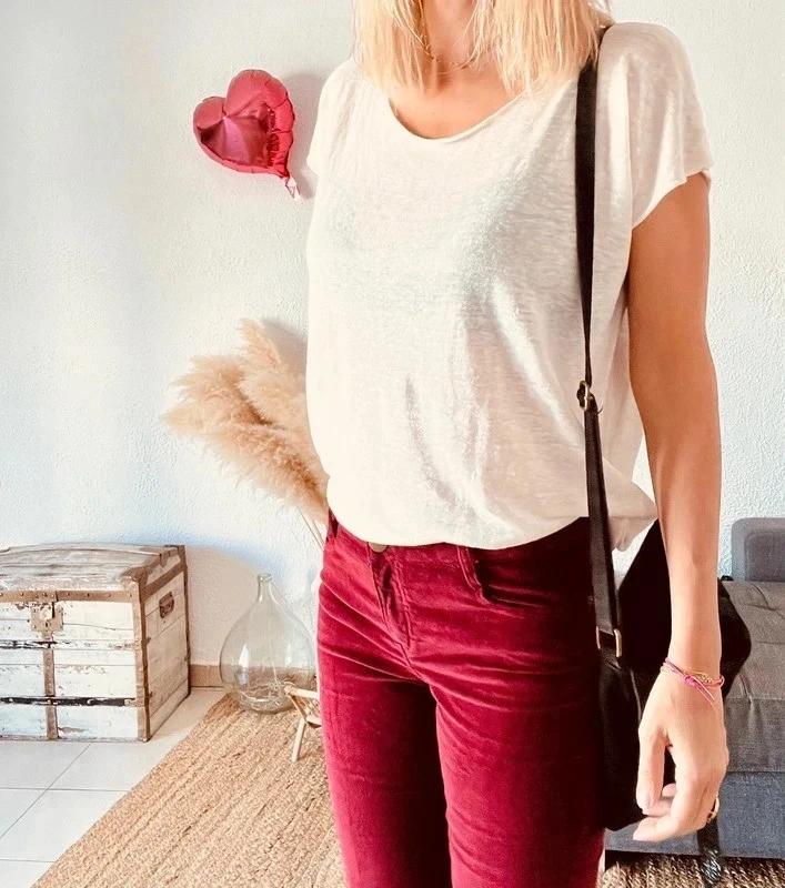 Pantalon Maje velours côtelé bordeaux, coupe bootcut évasée - taille 40
