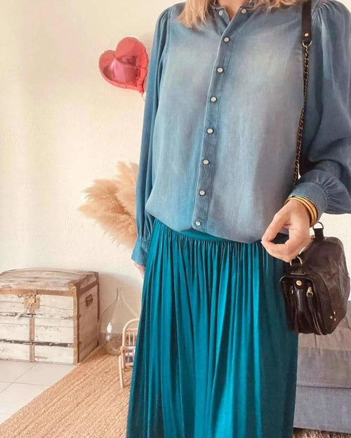 Blouse ba&sh denim lavé à col volanté – Taille 1