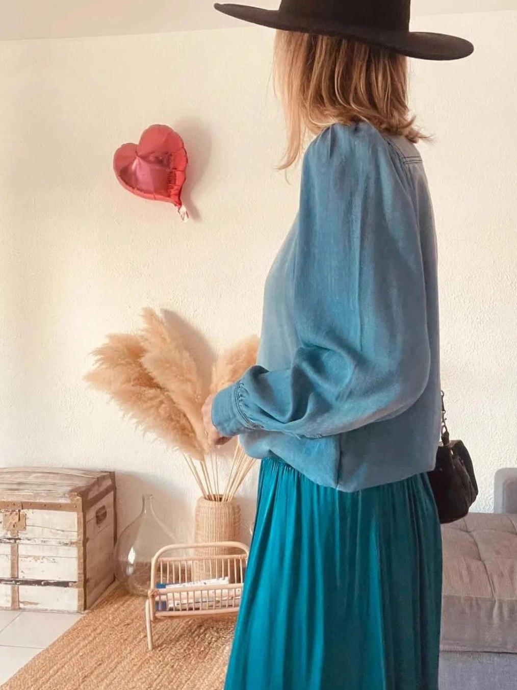 Blouse ba&sh denim lavé à col volanté – Taille 1