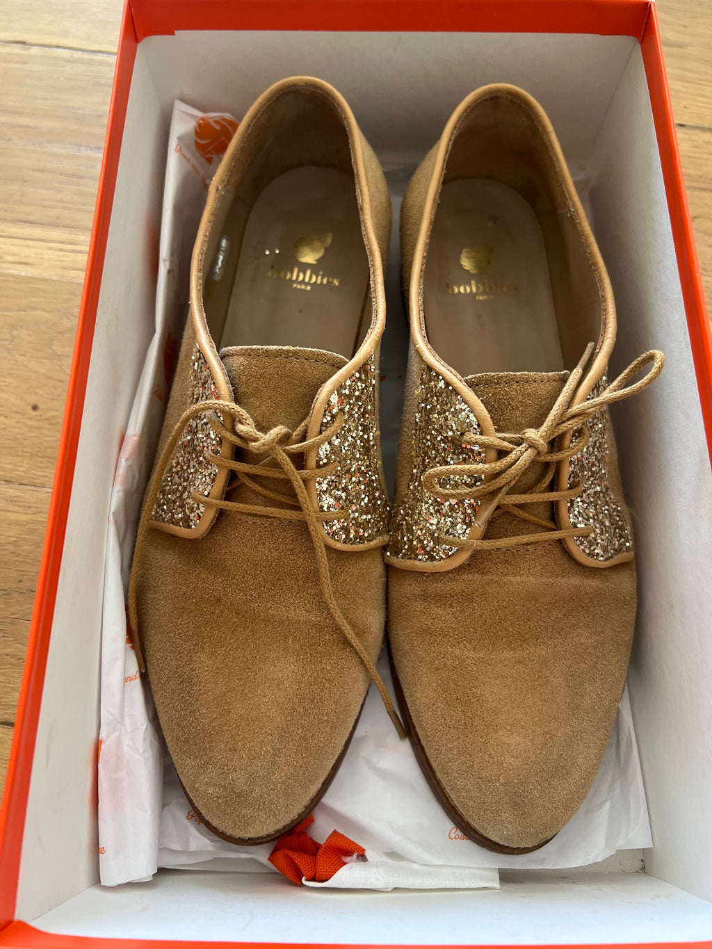 Derbies glitter camel Bobbies La Romancière – Taille 39