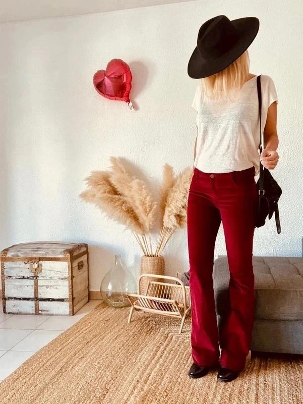 Pantalon Maje velours côtelé bordeaux, coupe bootcut évasée - taille 40