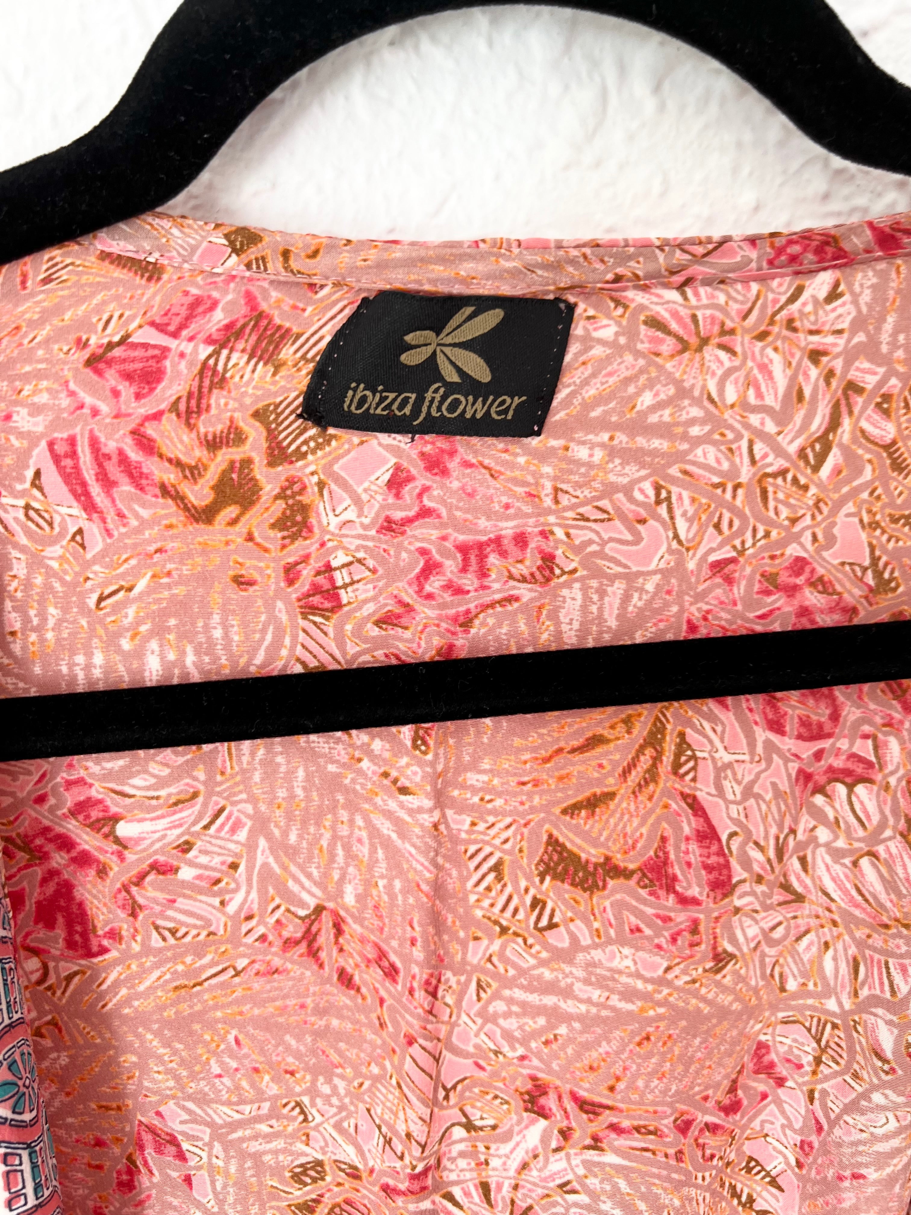 Kimono long bohème imprimé fleuri rose corail Ibiza Flower – Taille unique