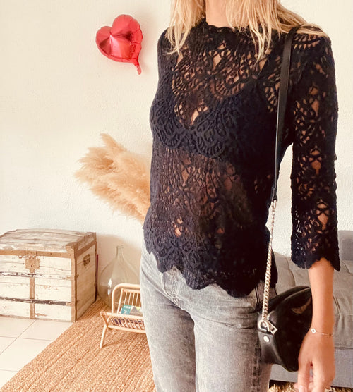 Blouse dentelle ajourée noire Zara