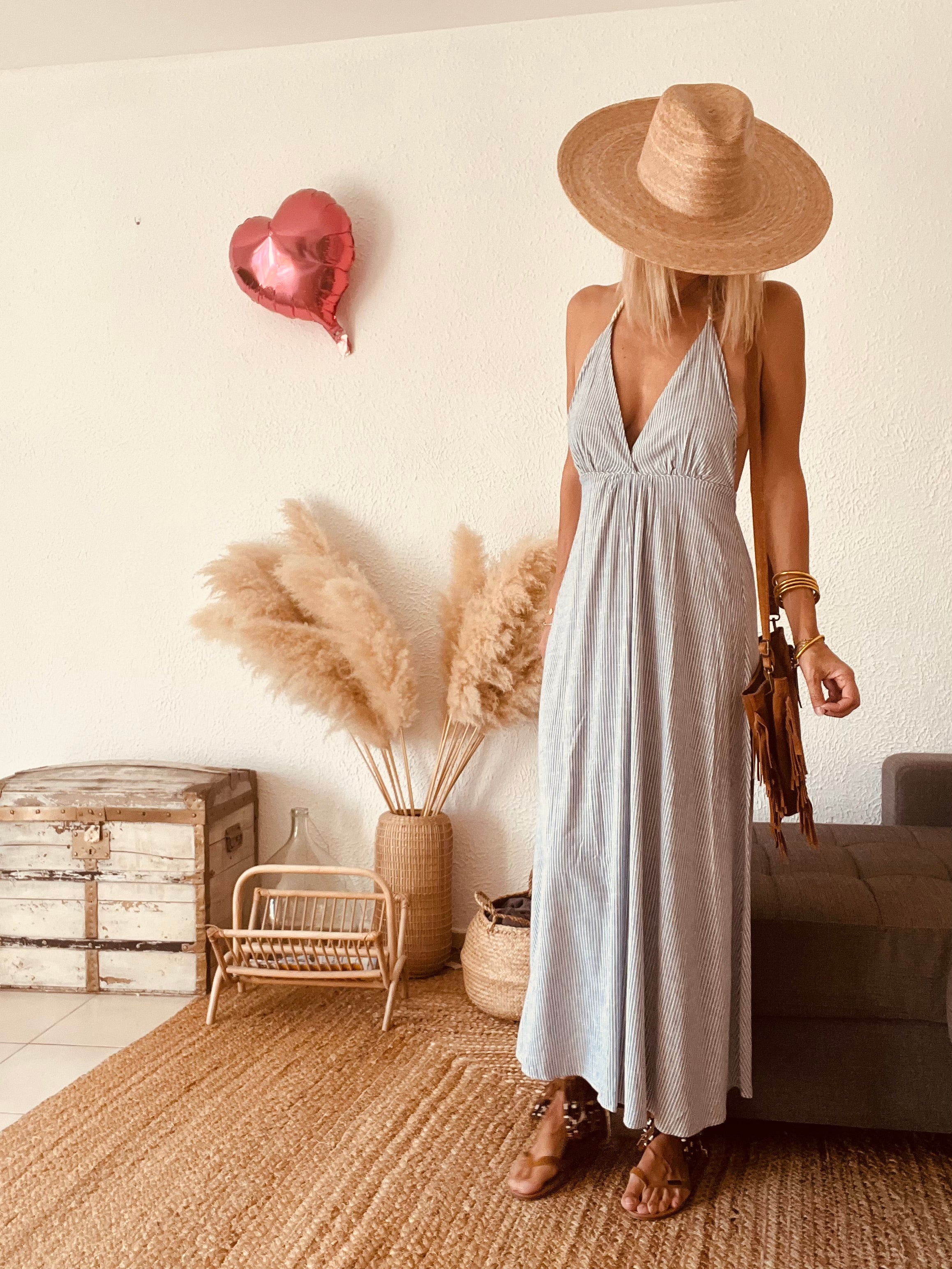 Robe longue dos-nu bohème rayée bleue Claude – Taille unique