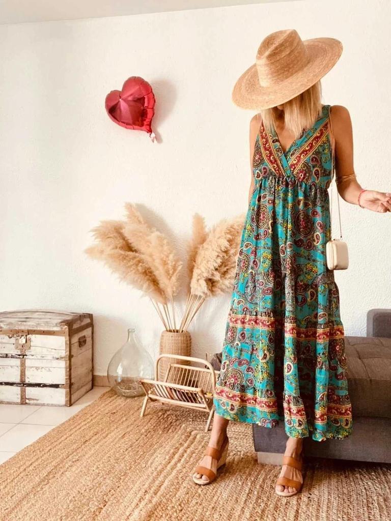 Robe longue en soie imprimé paisley turquoise taille 38