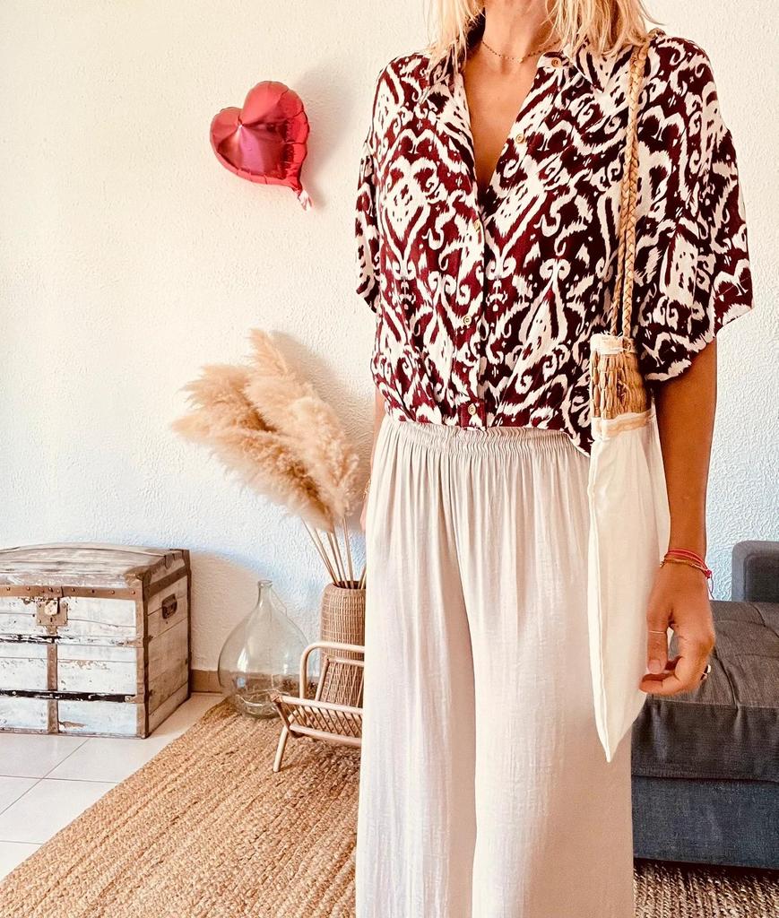 Blouse Zara imprimé ikat bordeaux & écru - taille M