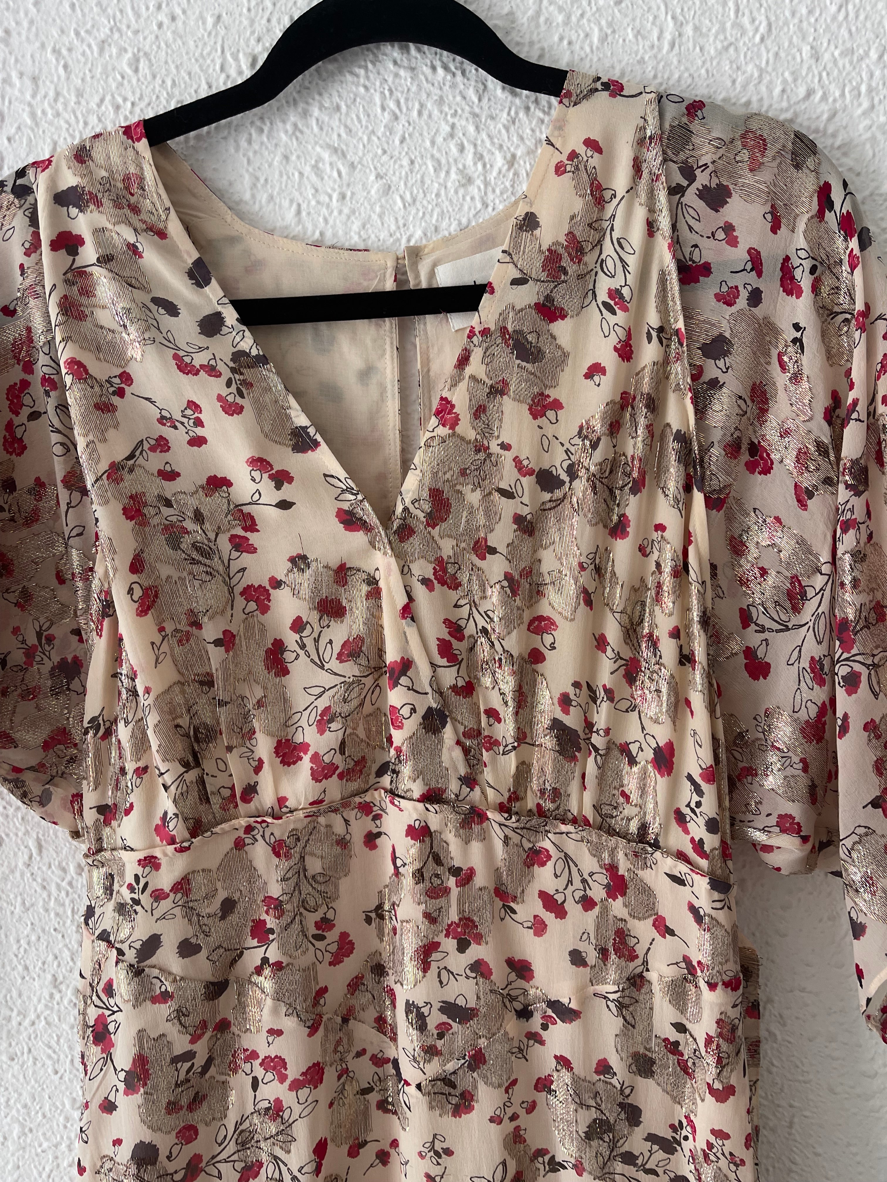 Robe longue ba&sh fleurie écru/rouge reflets dorés 38/40