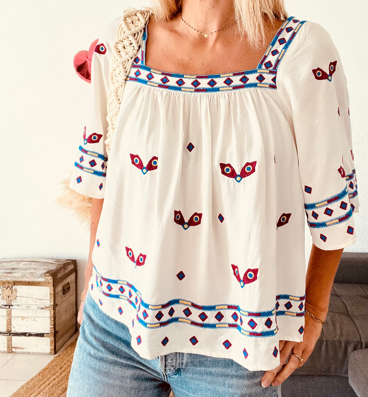 Blouse bohème oiseaux brodée ba&sh écru