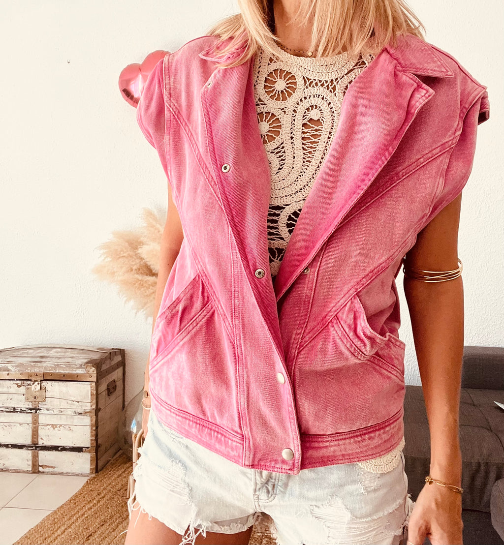 Titre : Gilet en jean rose délavé Ciminy Paris – Taille M