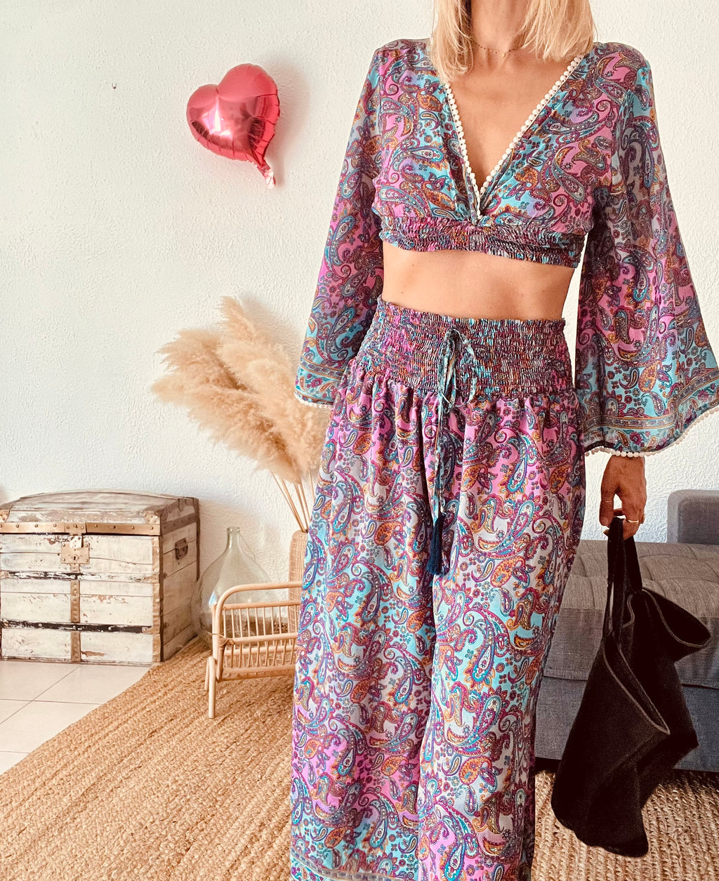 Ensemble Crop Top Pantalon Bohème Paisley Pièce Bohème – Taille M/L