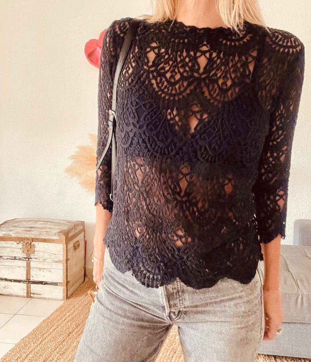 Blouse dentelle ajourée noire Zara