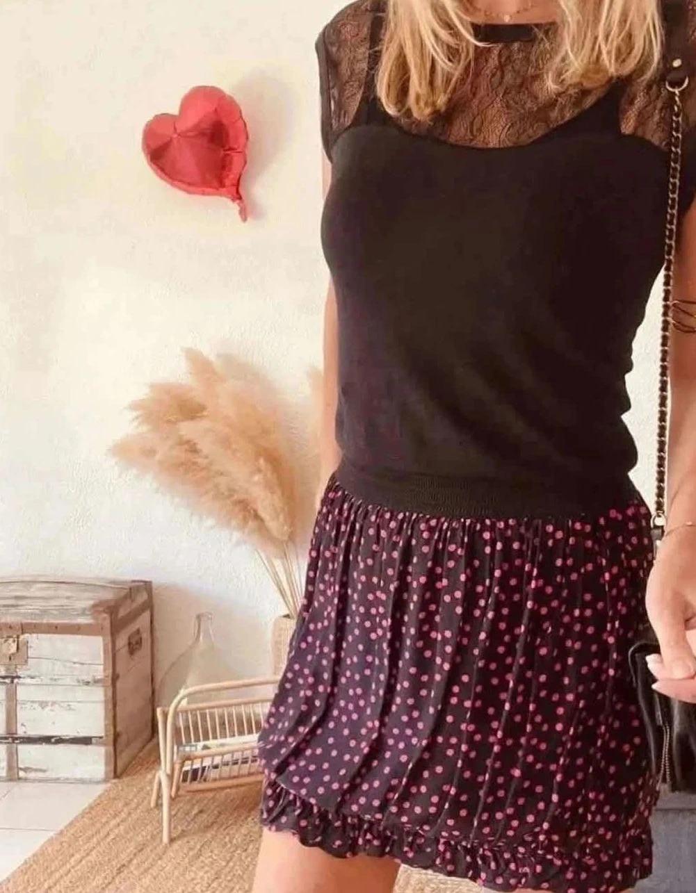 Jupe en soie noire à pois fuchsia Sandro – Taille 1