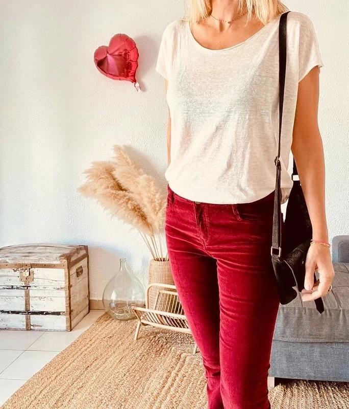 Pantalon Maje velours côtelé bordeaux, coupe bootcut évasée - taille 40