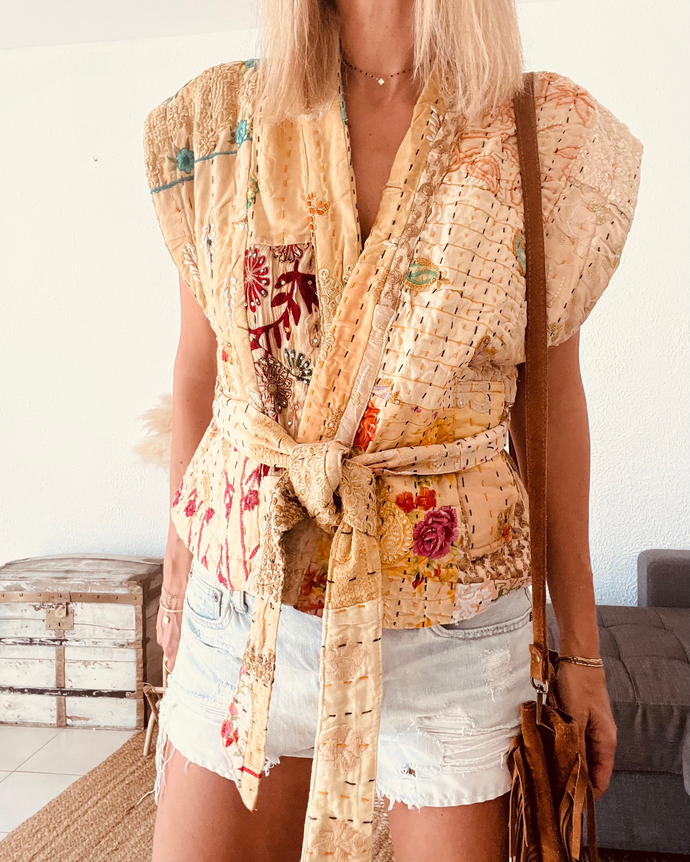 Veste kimono kantha upcyclée beige Sissel Edelbo – Taille unique