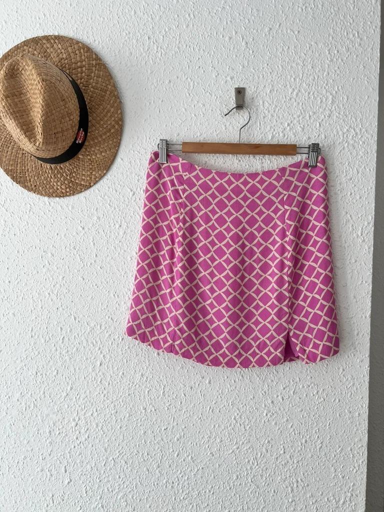 Jupe Mango imprimé géométrique rose et écru - taille 38