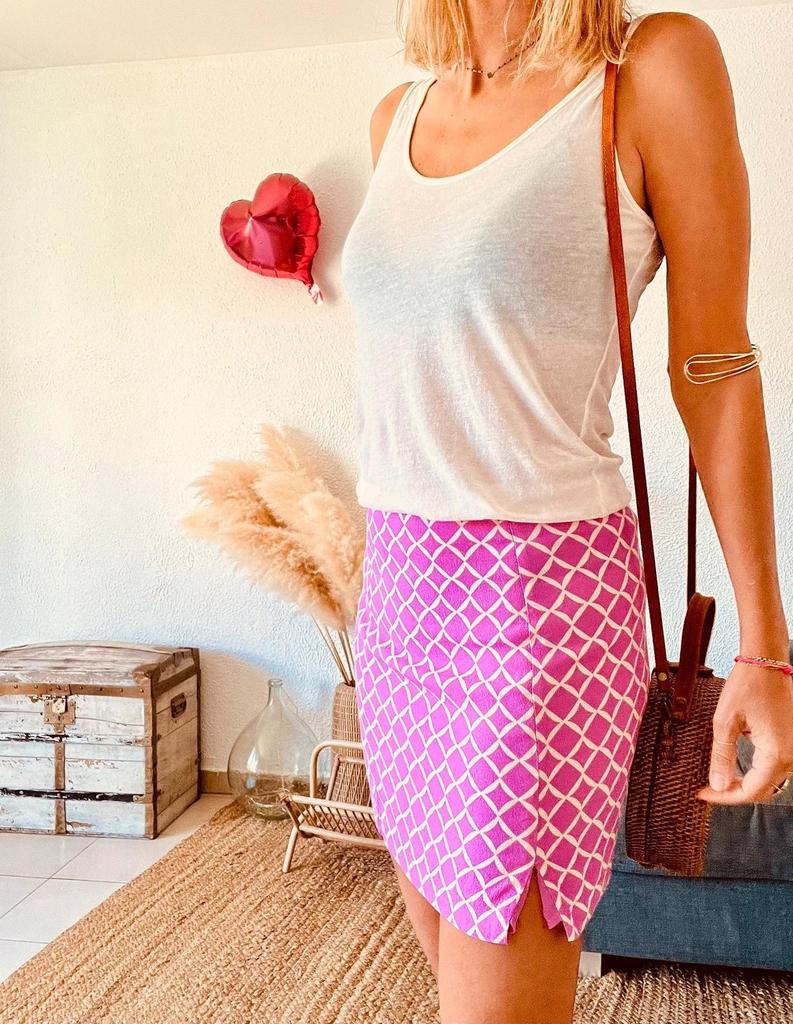 Jupe Mango imprimé géométrique rose et écru - taille 38