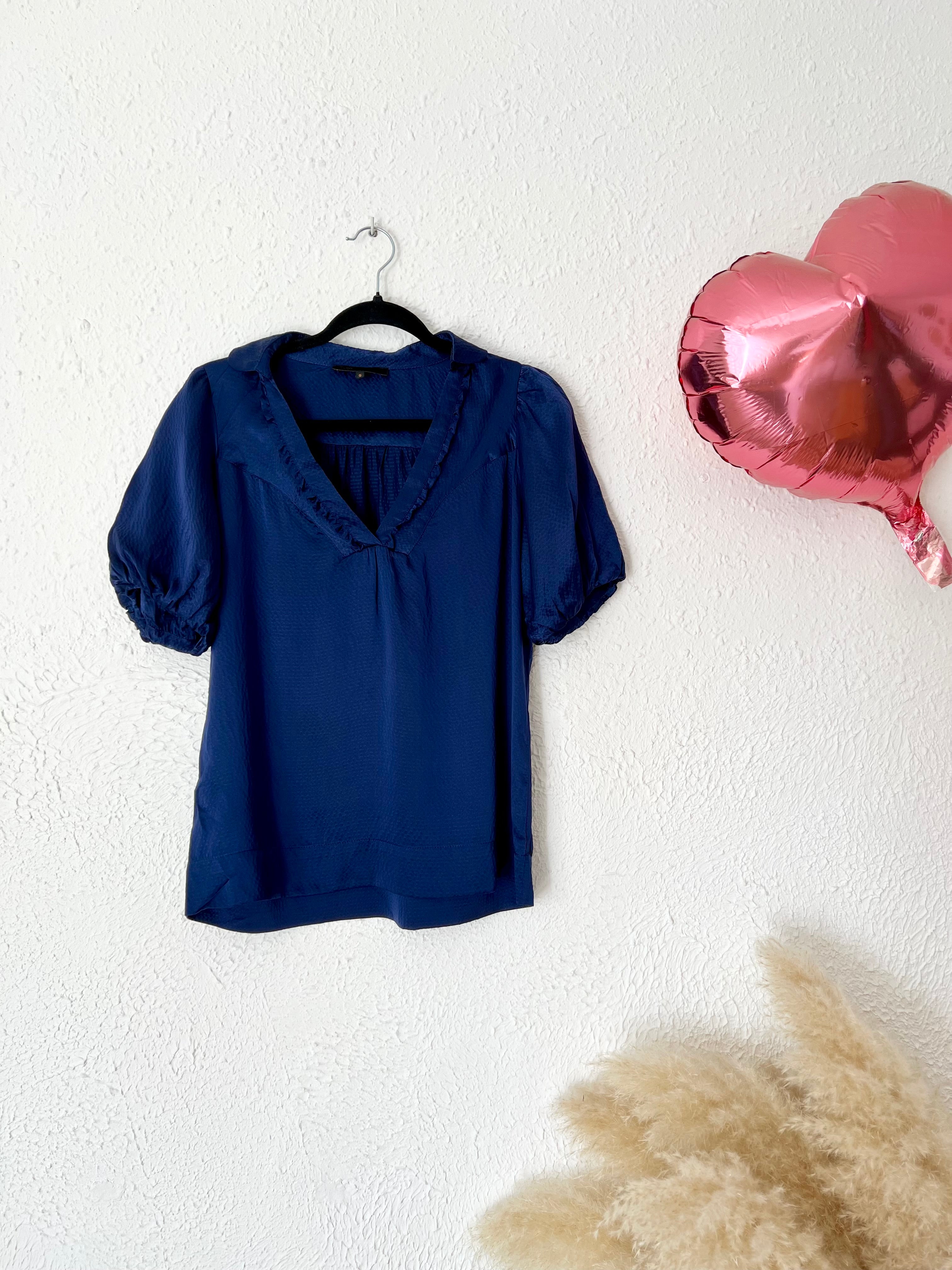 Blouse col V volant soie bleu marine Maje – Taille S