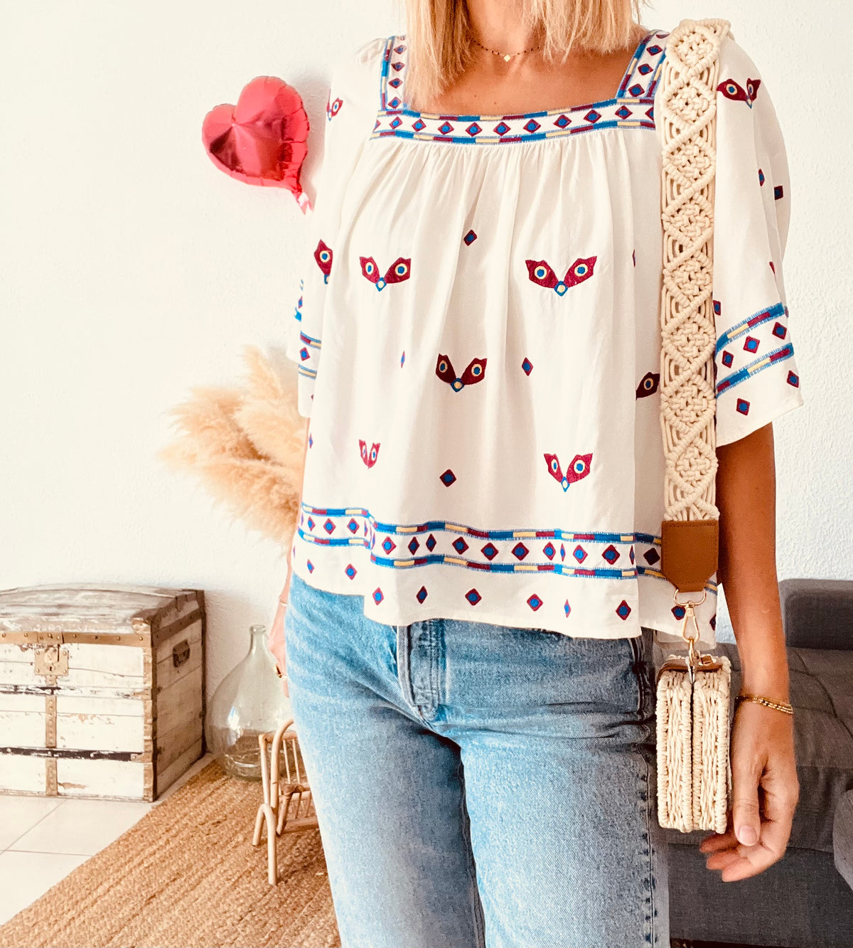 Blouse bohème oiseaux brodée ba&sh écru