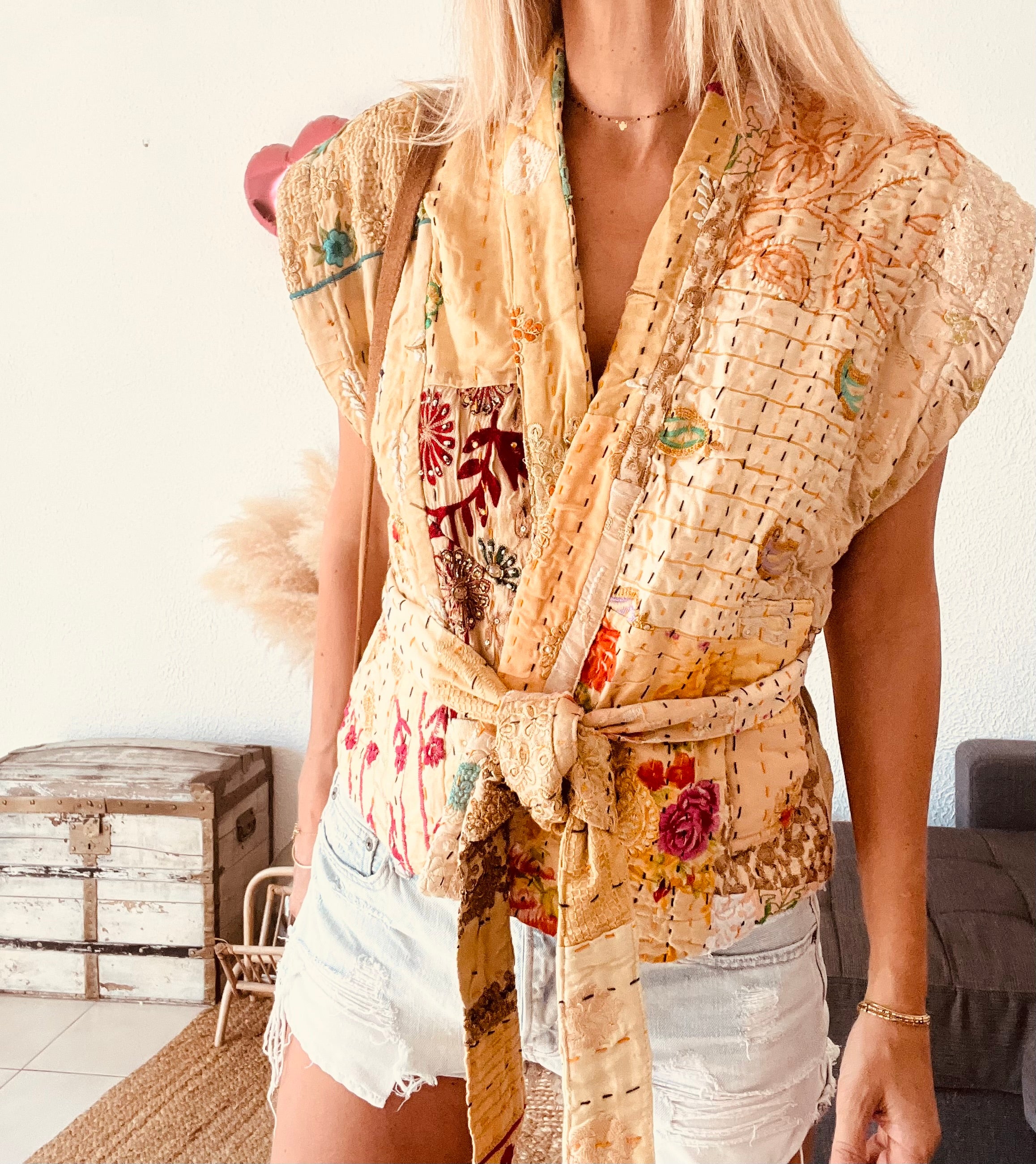Veste kimono kantha upcyclée beige Sissel Edelbo – Taille unique
