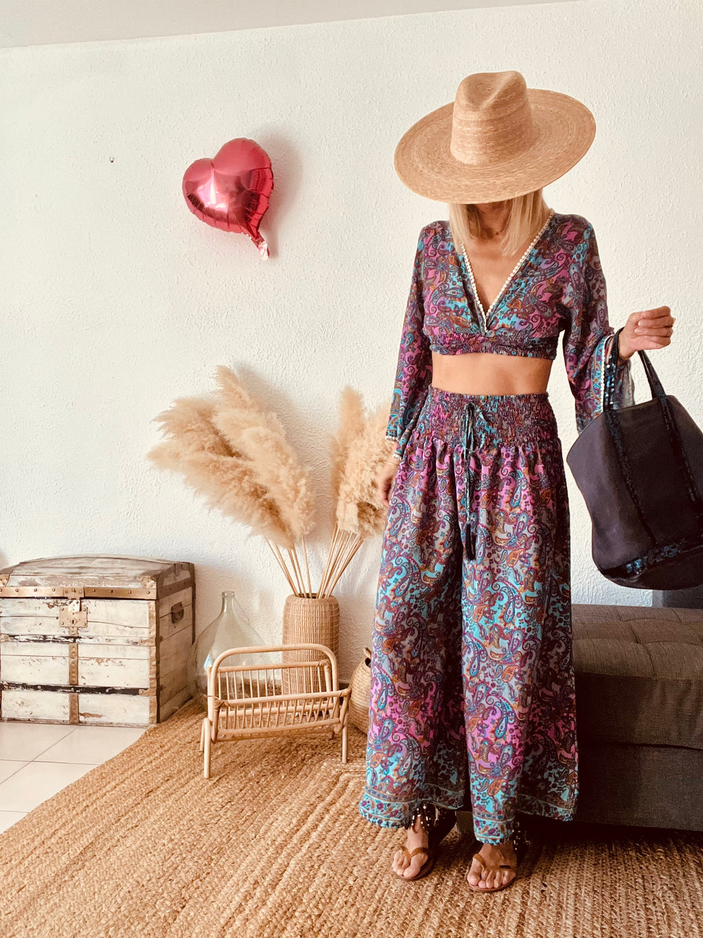 Ensemble Crop Top Pantalon Bohème Paisley Pièce Bohème – Taille M/L
