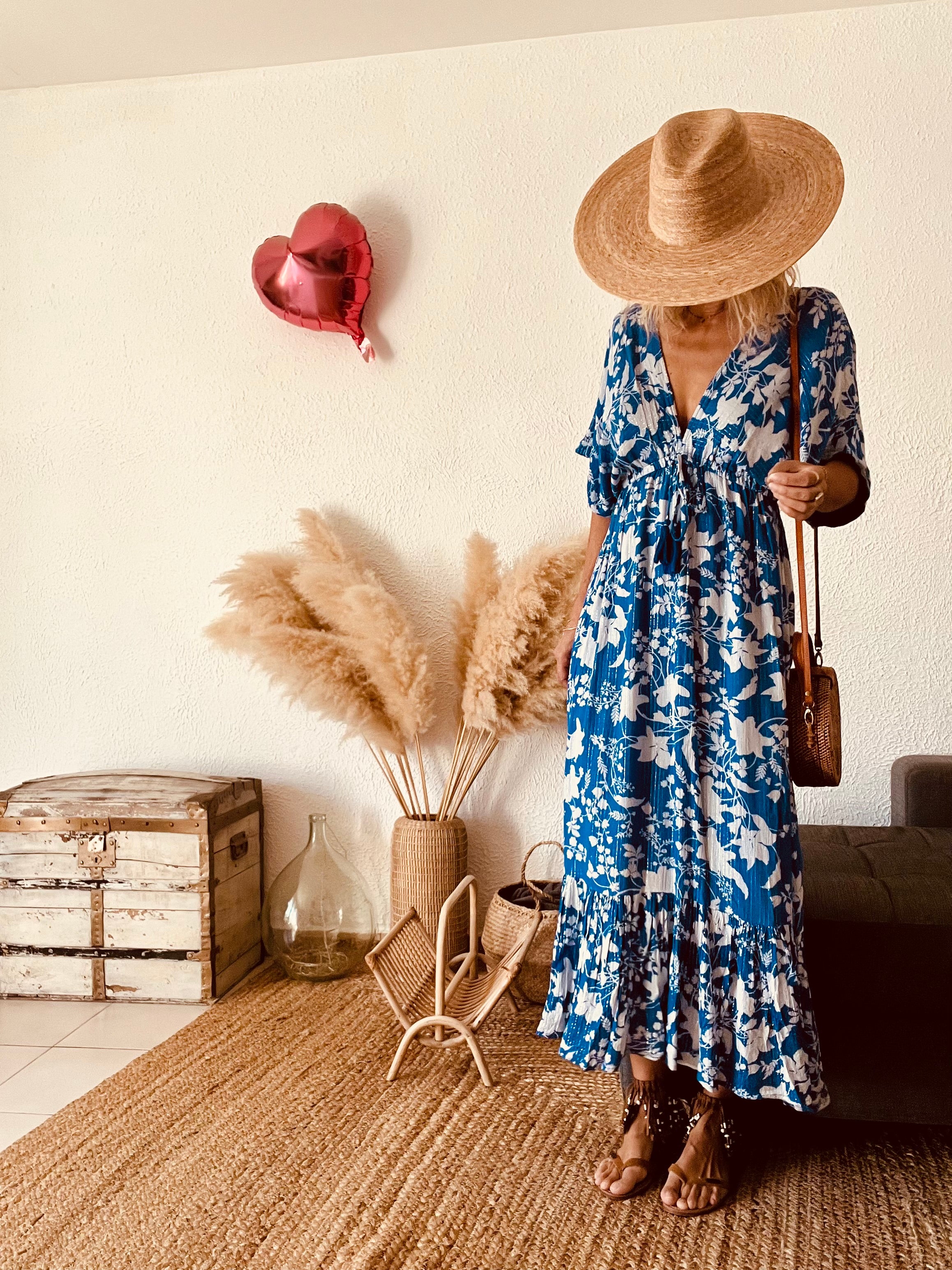 Robe longue fleurie bohème bleue GOA – Taille L