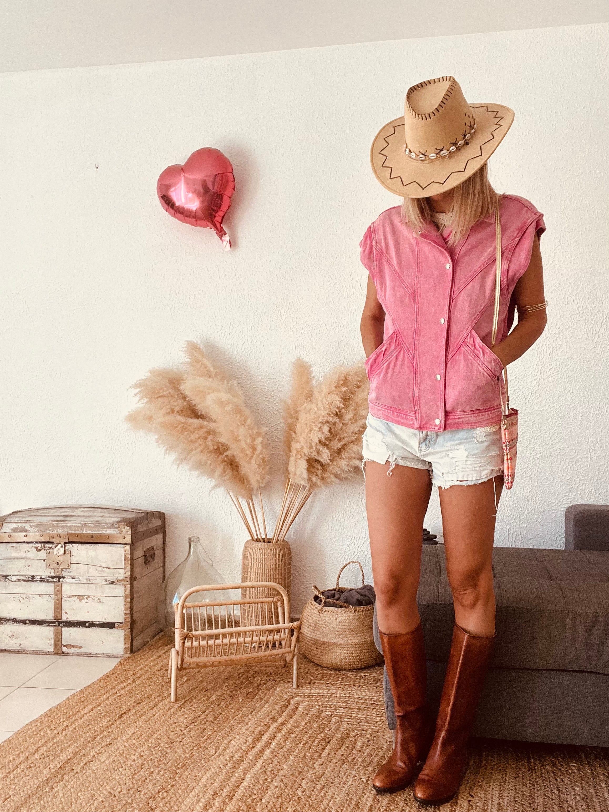 Titre : Gilet en jean rose délavé Ciminy Paris – Taille M