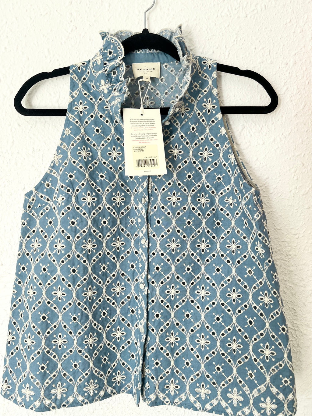Chemise broderie anglaise sans manches bleue Sézane – Taille 36