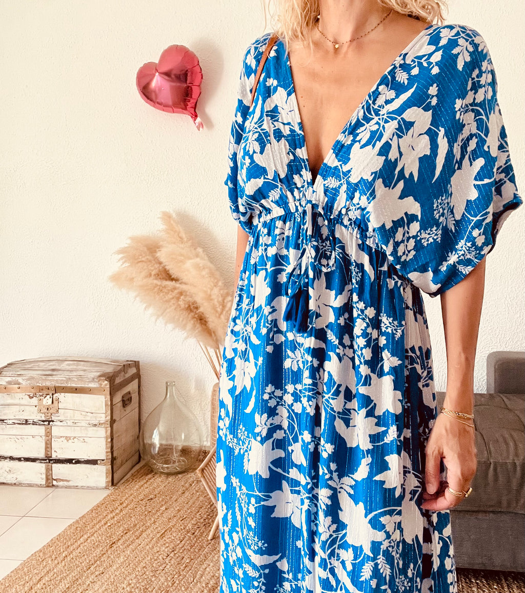 Robe longue fleurie bohème bleue GOA – Taille L
