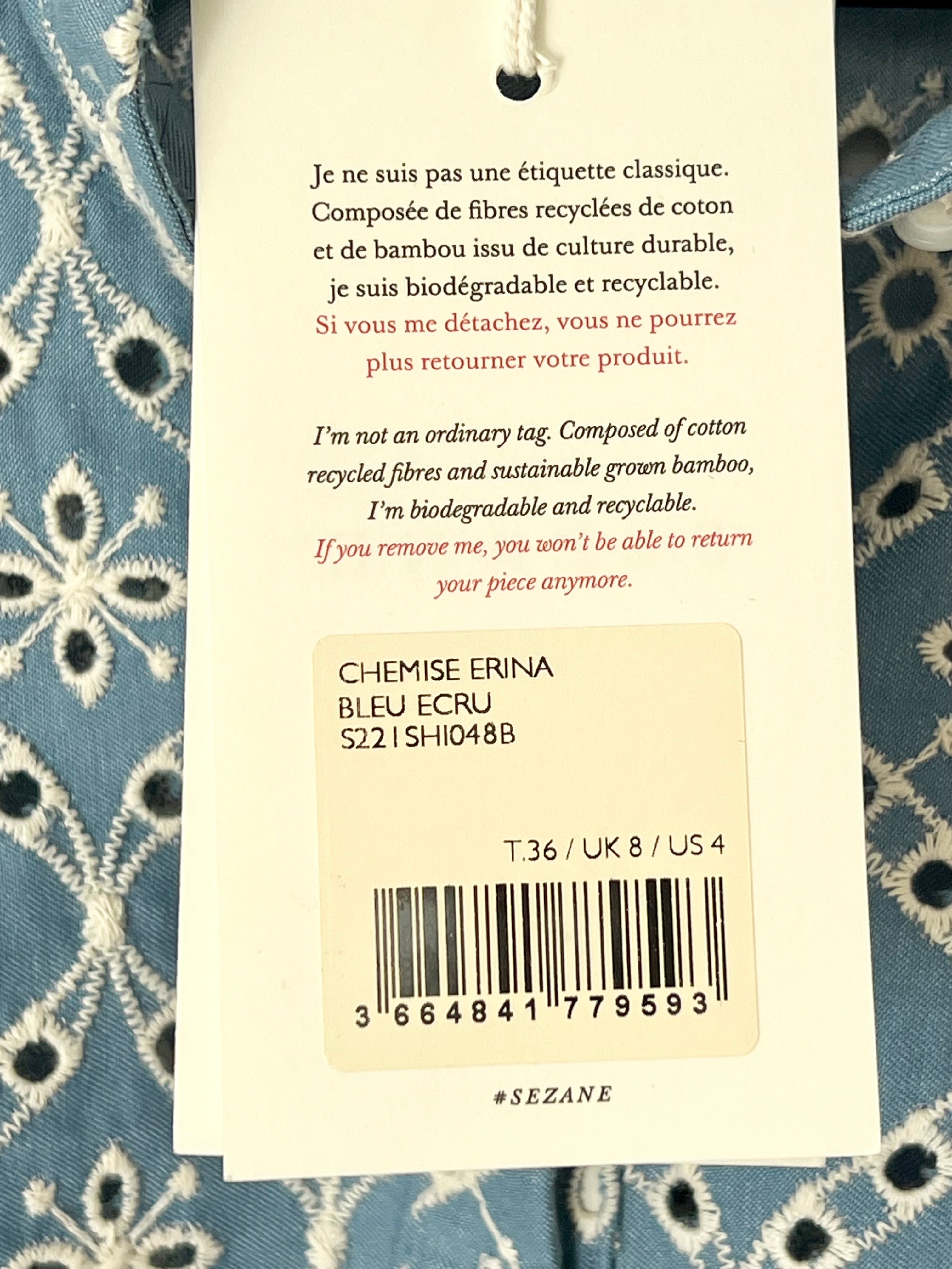Chemise broderie anglaise sans manches bleue Sézane – Taille 36