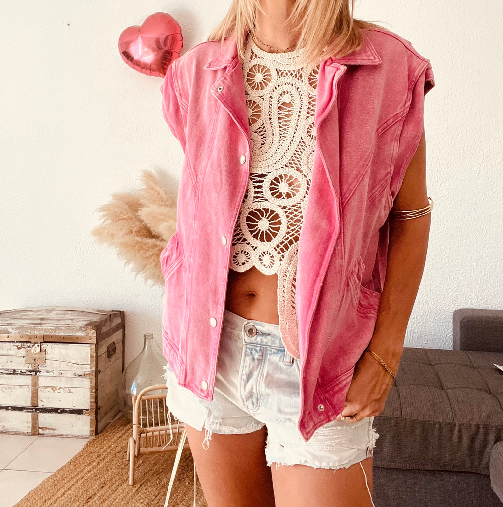 Titre : Gilet en jean rose délavé Ciminy Paris – Taille M