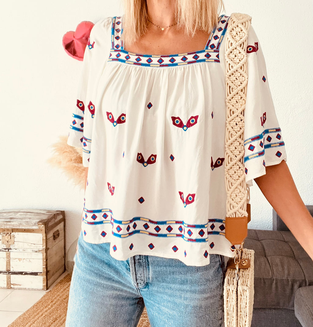 Blouse bohème oiseaux brodée ba&sh écru