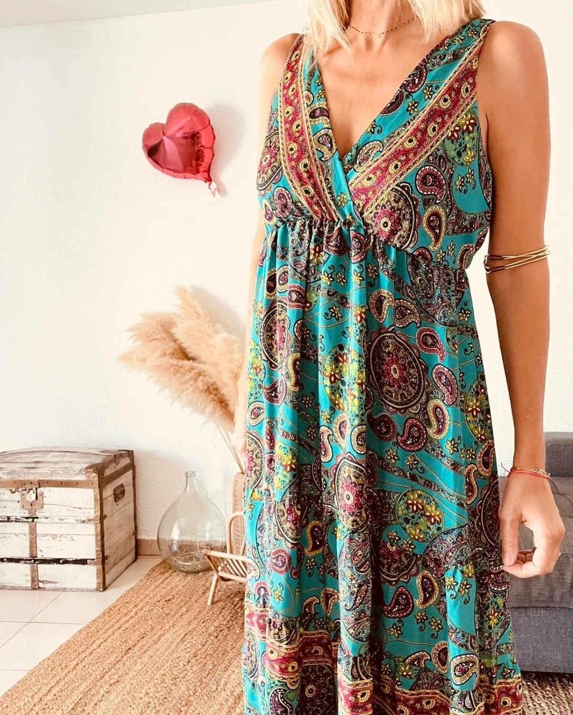 Robe longue en soie imprimé paisley turquoise taille 38