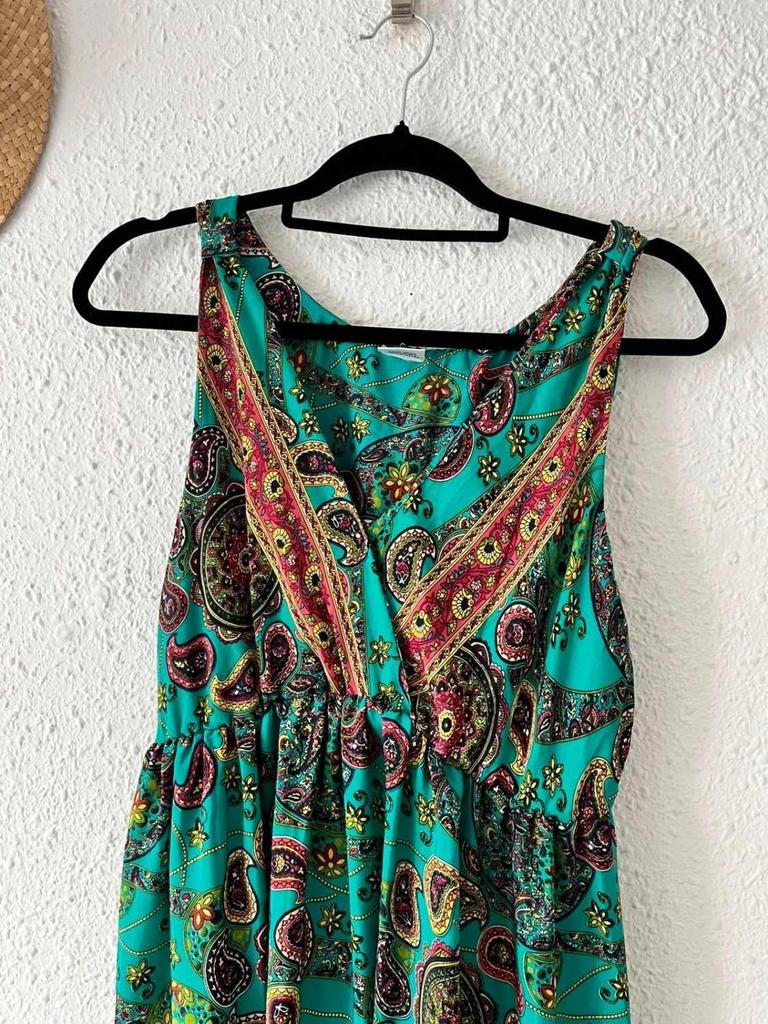 Robe longue en soie imprimé paisley turquoise taille 38