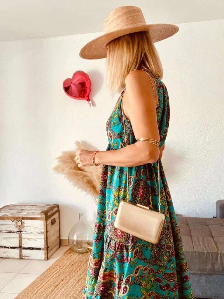 Robe longue en soie imprimé paisley turquoise taille 38