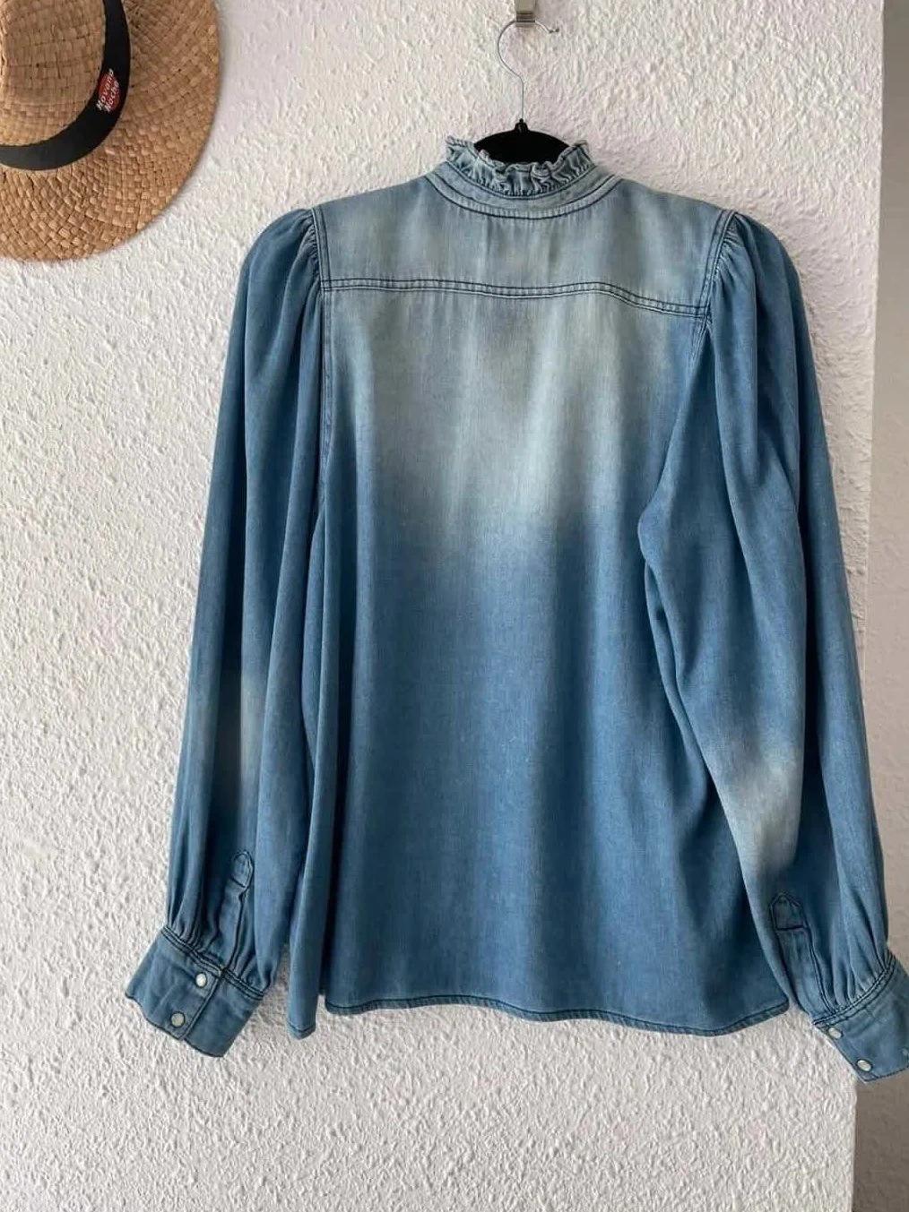 Blouse ba&sh denim lavé à col volanté – Taille 1