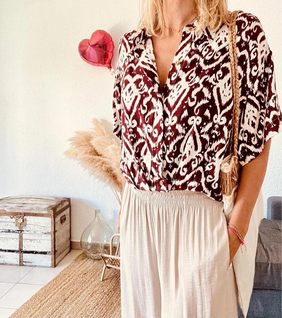 Blouse Zara imprimé ikat bordeaux & écru - taille M