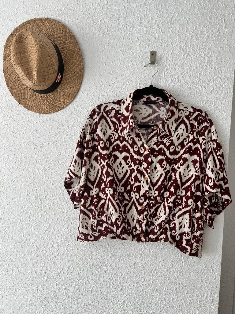 Blouse Zara imprimé ikat bordeaux & écru - taille M
