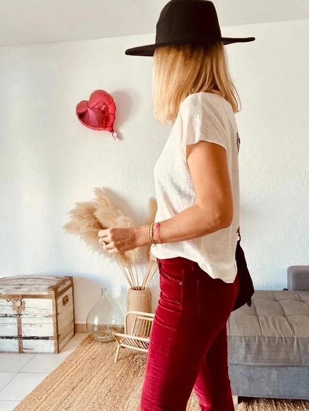 Pantalon Maje velours côtelé bordeaux, coupe bootcut évasée - taille 40