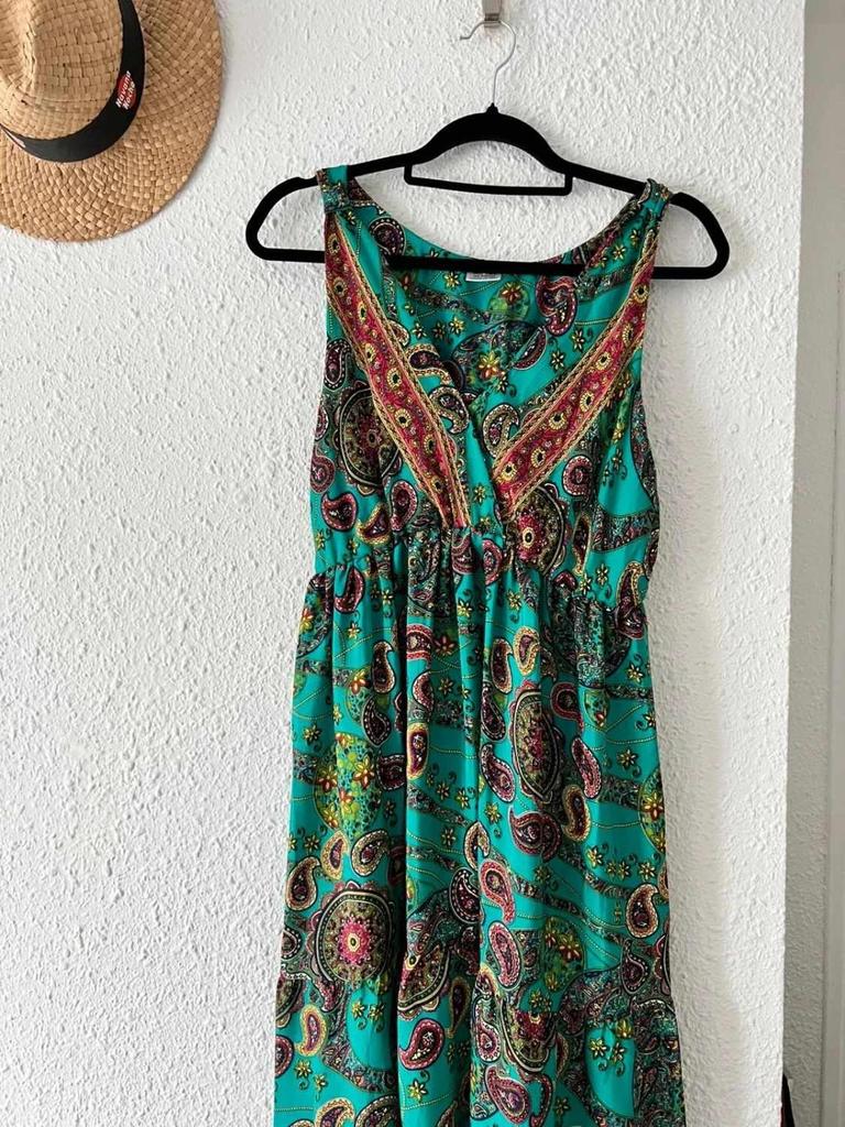 Robe longue en soie imprimé paisley turquoise taille 38